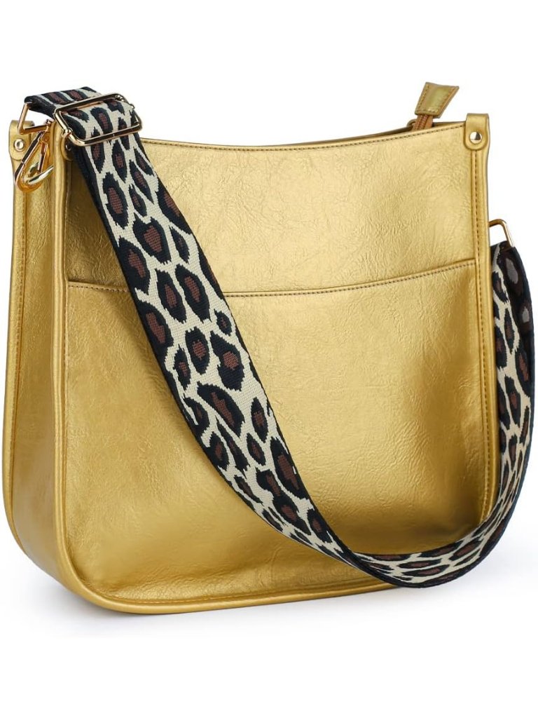 Women's Golden Leather Small Crossbody Bag Wide Guitar Strap Shoulder Purse
